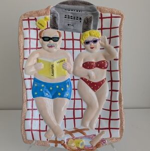 Beach Couple Retiree Ceramic Party Platter Serving Tray Sunbathing Pool Retirees